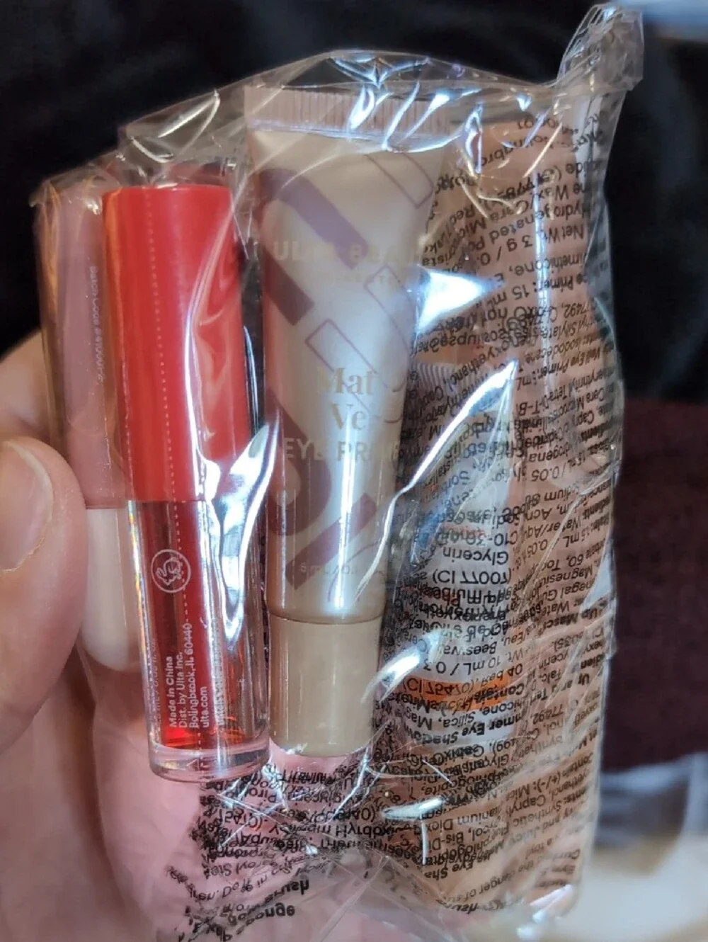 Ulta Beauty Plum Cosmetic Bag with Neutral Eyeshadow Palette & Pink Sponge